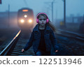 Girl with headphones on walks along railroad tracks alone at night. 122513946