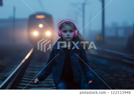 Girl with headphones on walks along railroad tracks alone at night. 122513946