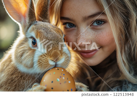 Easter bunny and smiling white girl with painted egg. 122513948