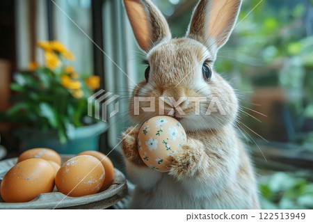 Easter Bunny in room holds painted egg in its paws. Easter Bunny in room holds painted egg in its paws. 122513949