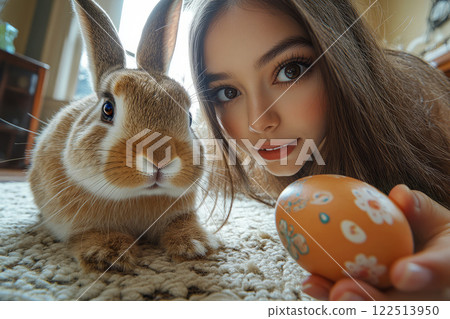 An Easter bunny appears in room of an Asian teenage girl who shows painted egg to camera 122513950