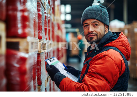 Industrial warehouse manager is standing near pallets and filling out goods receipt. 122513993