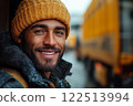 Smiling lorry delivery driver awaits loading at  logistics complex. 122513994