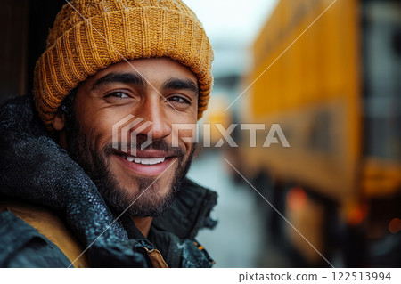 Smiling lorry delivery driver awaits loading at  logistics complex. 122513994