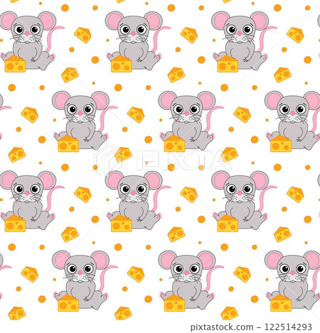 Cute mouse and cheese vector seamless pattern, Little rat has long tail and food background. Animal wildlife character. Cute mouse and cheese vector seamless pattern, Little rat has long tail and food background. Animal wildlife character. 122514293
