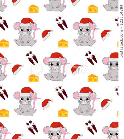 Rat mouse in santa hat vector background. Seamless pattern. Vector Great for packaging, banner, poster, print, textile, festive decoration. Chinese zodiac sign Year of Rat 2032 Rat mouse in santa hat vector background. Seamless pattern. Vector Great for packaging, banner, poster, print, textile, festive decoration. Chinese zodiac sign Year of Rat 2032 122514294