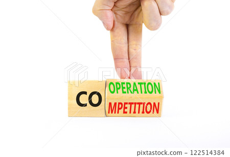 Competition or cooperation symbol. Concept word Competition or Cooperation on wooden cubes. Businessman hand. Beautiful white background. Business Competition or cooperation concept. Copy space. Competition or cooperation symbol. Concept word Competition or Cooperation on wooden cubes. Businessman hand. Beautiful white background. Business Competition or cooperation concept. Copy space. 122514384