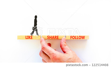Like share follow symbol. Concept words Like Share Follow on beautiful wooden blocks. Beautiful white background. Businesswoman icon. Business like share follow concept. Copy space. Like share follow symbol. Concept words Like Share Follow on beautiful wooden blocks. Beautiful white background. Businesswoman icon. Business like share follow concept. Copy space. 122514408