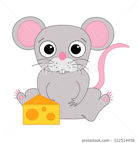 Mouse with piece cheese isolated on white background. Flat graphic line illustration of rat animal with cheese food. Vector illustration Mouse with piece cheese isolated on white background. Flat graphic line illustration of rat animal with cheese food. Vector illustration 122514456