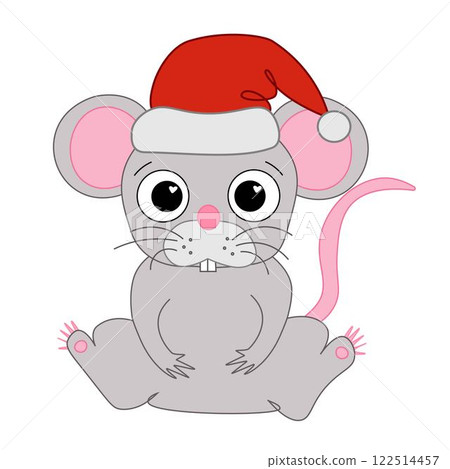 Cartoon Little Mouse in a red Santa's hat, knitted winter hat. Christmas and New Year card, t-shirt composition, handmade vector  graphic line illustration. Cartoon Little Mouse in a red Santa's hat, knitted winter hat. Christmas and New Year card, t-shirt composition, handmade vector  graphic line illustration. 122514457