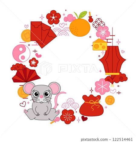 Chinese New year of rat mouse 2032 vector graphic line round circle frame. style banner frame scroll board decoration. Chinese lunar new year, lantern festival mascot 122514461