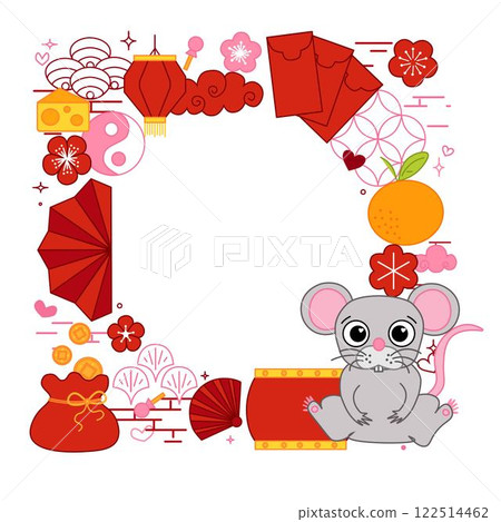 Chinese New Year's 2032 rat mouse round circle frame template in square. Vector graphic illustration with traditional elements on transparent background. CNY lunar new year, lantern festival mascot 122514462