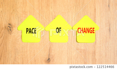 Pace of change symbol. Concept words Pace of change on beautiful yellow paper houses. Beautiful wooden background. Business pace of change concept. Copy space. Pace of change symbol. Concept words Pace of change on beautiful yellow paper houses. Beautiful wooden background. Business pace of change concept. Copy space. 122514466