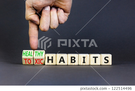 Healthy or toxic habits symbol. Concept words Healthy habits or Toxic habits on beautiful wooden blocks. Beautiful grey table grey background. Business healthy or toxic habits concept. Copy space. 122514496