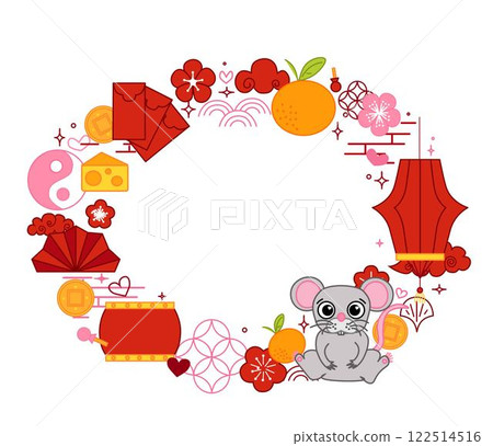 Chinese new year of rat mouse 2032 vector oval frame template for your text. CNY lunar lantern festival related objects vector graphic illustration Chinese new year of rat mouse 2032 vector oval frame template for your text. CNY lunar lantern festival related objects vector graphic illustration 122514516