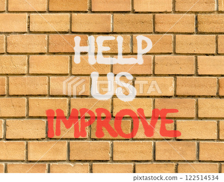 Help us improve symbol. Concept words Help us improve on beautiful brown brick wall. Beautiful brown brick wall background. Business motivational help us improve concept. Copy space. 122514534