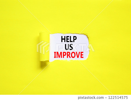 Help us improve symbol. Concept words Help us improve on beautiful white paper. Beautiful yellow table yellow background. Business motivational help us improve concept. Copy space. 122514575