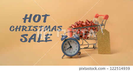 Shopping cart with a clock and a gold tag on it Shopping cart with a clock and a gold tag on it 122514939