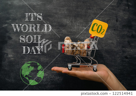 Hand holding a shopping cart with a sign that says CO2 on it Hand holding a shopping cart with a sign that says CO2 on it 122514941