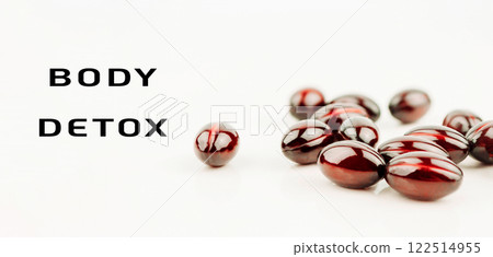 Bunch of red pills with the words body detox written below them Bunch of red pills with the words body detox written below them 122514955
