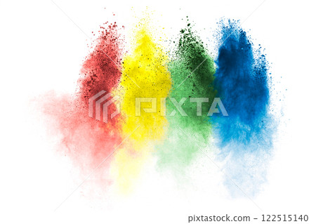 Colorful explosion of powdery dust with a rainbow of colors. The colors are red, yellow, green, and blue 122515140