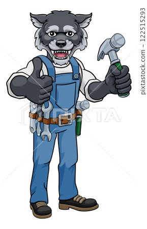 Wolf Mascot Carpenter Handyman Holding Hammer 122515293
