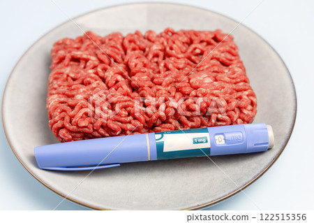 Ozempic Insulin injection pen and raw minced meat for diabetics and weight loss. 122515356