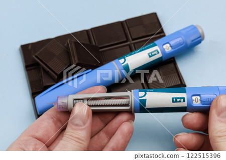 Insulin injection pen and dark chocolate for diabetics and weight loss. Insulin injection pen and dark chocolate for diabetics and weight loss. 122515396