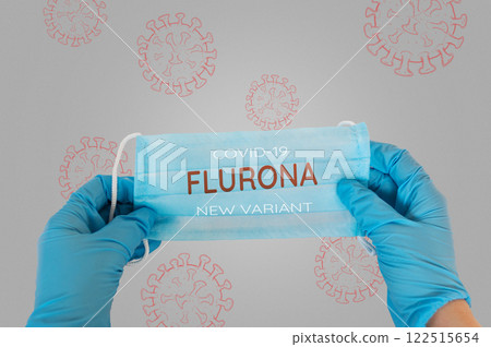 A person is holding a blue face mask with the word Fluorna written on it A person is holding a blue face mask with the word Fluorna written on it 122515654