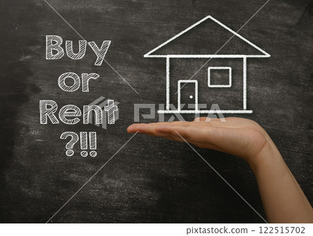 Hand holding a chalkboard with the words buy or rent written on it Hand holding a chalkboard with the words buy or rent written on it 122515702