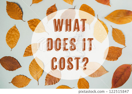 Close up of autumn leaves with the words What does it cost written below Close up of autumn leaves with the words What does it cost written below 122515847