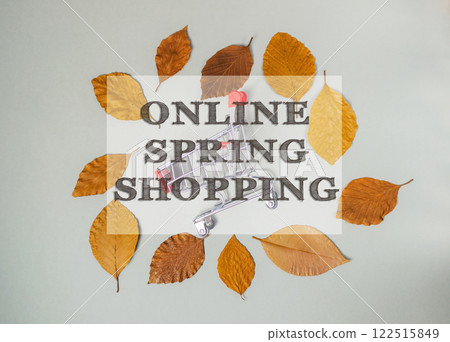 Shopping cart is on top of a pile of leaves Shopping cart is on top of a pile of leaves 122515849