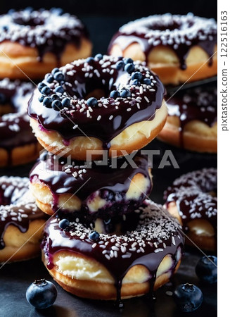 A tempting stack of freshly made blueberry wildberry donuts drizzled with rich glaze, showcasing vibrant berries on top, perfect for dessert cravings at any time of the day. Generative AI 122516163