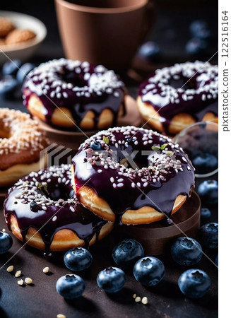 A tempting stack of freshly made blueberry wildberry donuts drizzled with rich glaze, showcasing vibrant berries on top, perfect for dessert cravings at any time of the day. Generative AI 122516164
