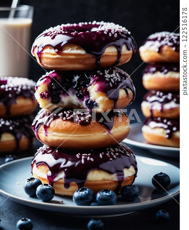 A tempting stack of freshly made blueberry wildberry donuts drizzled with rich glaze, showcasing vibrant berries on top, perfect for dessert cravings at any time of the day. Generative AI 122516178