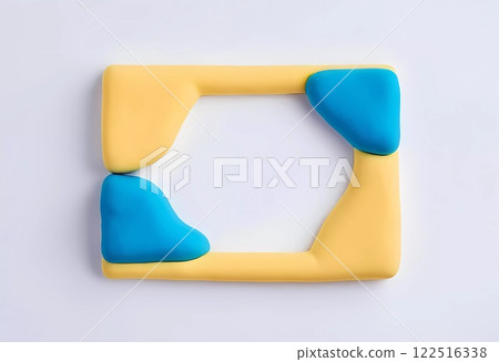 Bright colors of blue and yellow play doh form an abstract design on a clean white background, emphasizing simplicity and creativity with open space inviting imagination. Generative AI 122516338