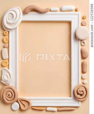 A unique frame crafted from soft play dough sits against a beige background. It features various shapes and patterns, ideal for artistic displays or crafts. Generative AI 122516366