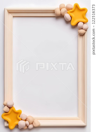 This decorative frame showcases playful elements made from vibrant play dough, featuring charming stars and soft beads on a neutral backdrop, perfect for artistic displays. Generative AI 122516373