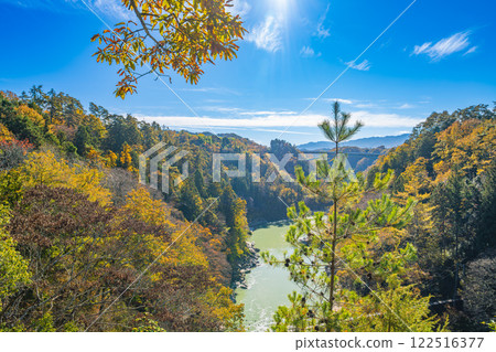 Autumn foliage at Tenryu Gorge, a scenic spot in Iida City, and the Tenryu River (Nagano Prefecture) 122516377