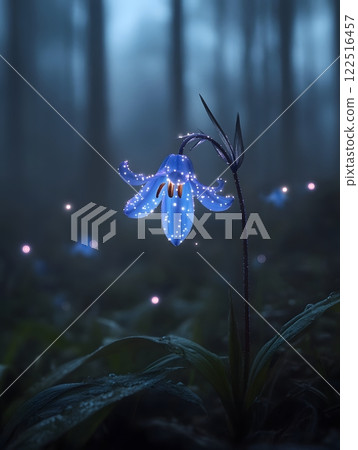 A delicate, glowing bluebell flower with tiny sparks around it, growing in a misty forest 122516457