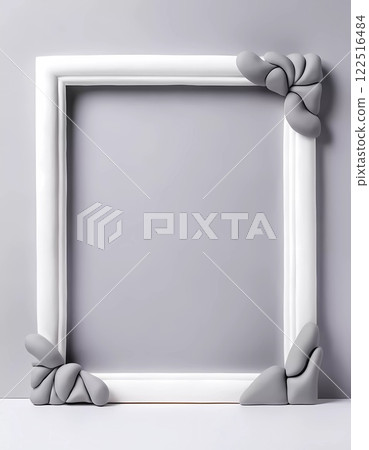 This composition features an empty rectangular frame designed with gray accents positioned against a white-gray abstract background. Generative AI 122516484