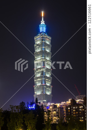 Night view of Taipei 101 skyscrapers in Taipei, Taiwan. The Xinyi District is Taipei's main shopping area, anchored by several department stores and malls. Night view of Taipei 101 skyscrapers in Taipei, Taiwan. The Xinyi District is Taipei's main shopping area, anchored by several department stores and malls. 122516661