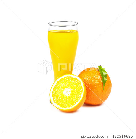A glass of fresh orange juice and oranges on white background 122516680
