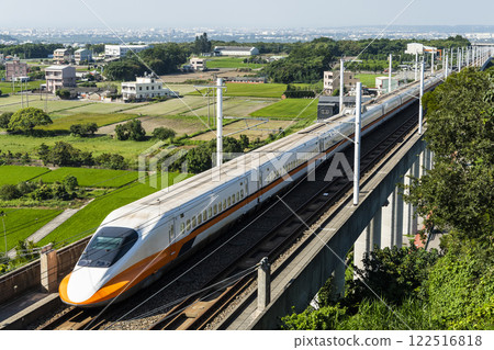 Overlooking view of the Taiwan High Speed Rail trains passing the Waipu of Taichung in Taiwan, It is the only high-speed railway in Taiwan. 122516818