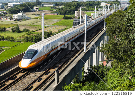Overlooking view of the Taiwan High Speed Rail trains passing the Waipu of Taichung in Taiwan, It is the only high-speed railway in Taiwan. 122516819