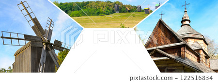 Old wooden windmills and ancient christian church. Pyrohiv (Pirogovo) village near Kiev, Ukraine. Collage. 122516834