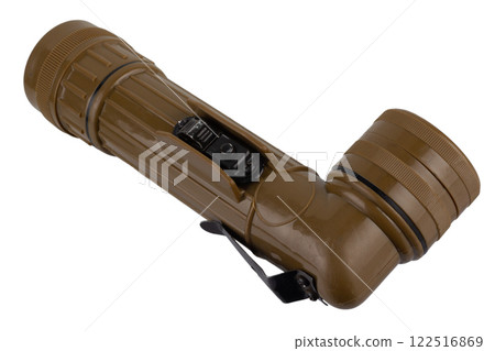 vintage military style flashlight isolated on white 122516869