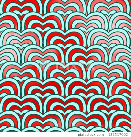 Seamless pattern with blue wavy lines in the shape of a heart on a red background. Seamless pattern with blue wavy lines in the shape of a heart on a red background. 122517002