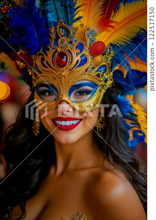 A woman wearing a carnival mask with feathers on her head 122517150