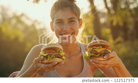 A woman holding two hamburgers in her hands A woman holding two hamburgers in her hands 122517375